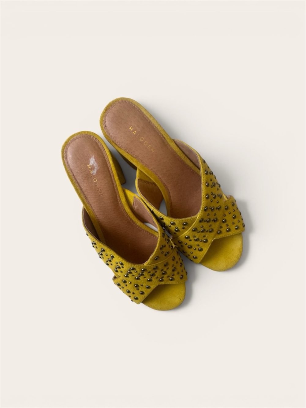 Halogen Mustard Studded Open-Toe Mule Heels